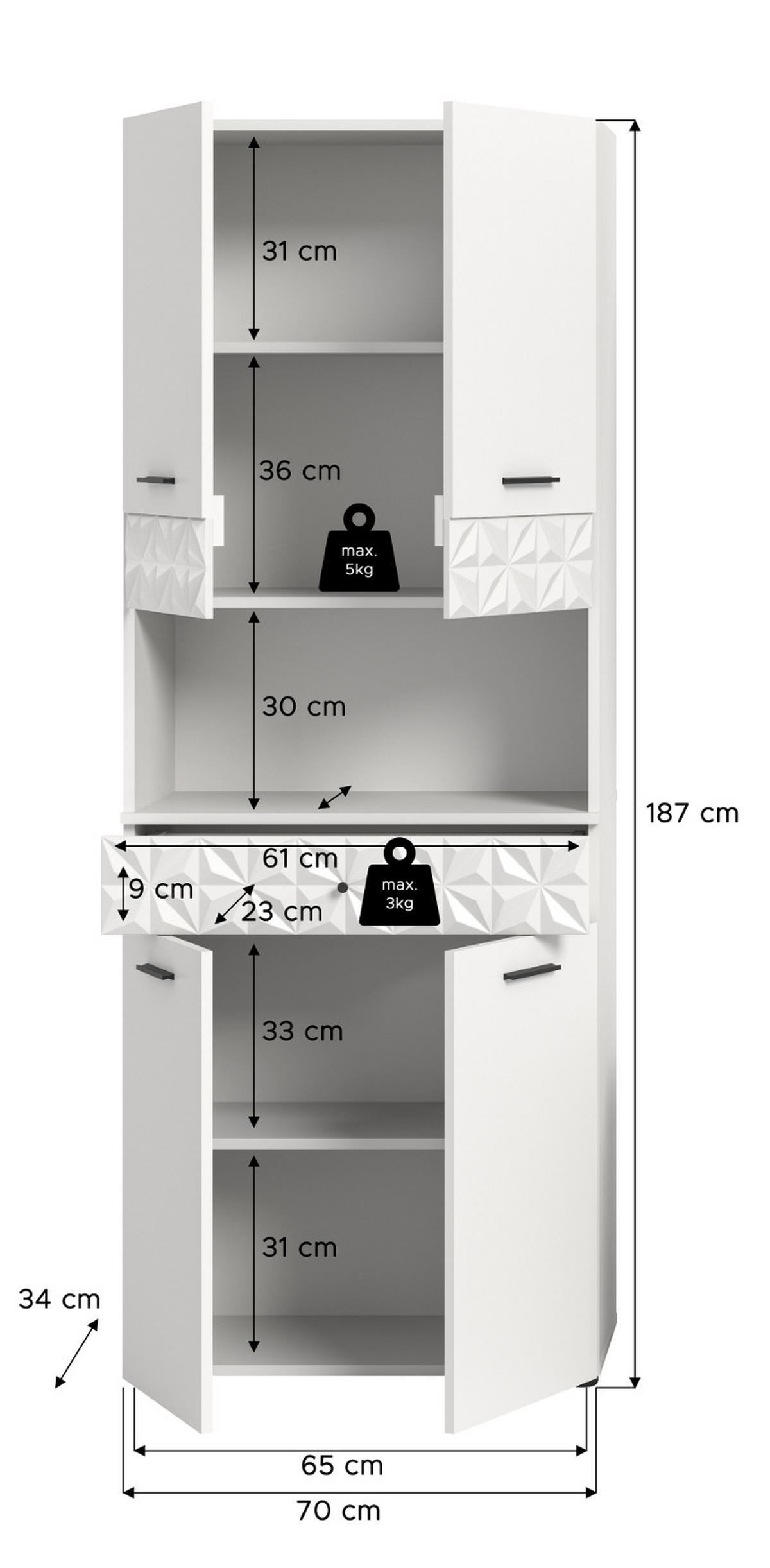 HOCHSCHRANK weiß Hochglanz 70 cm, Badschrank mit 3D-Struktur - Weiß Hochglanz/Schwarz, Holzwerkstoff/Kunststoff (70/187/34cm) - Inn.Furn