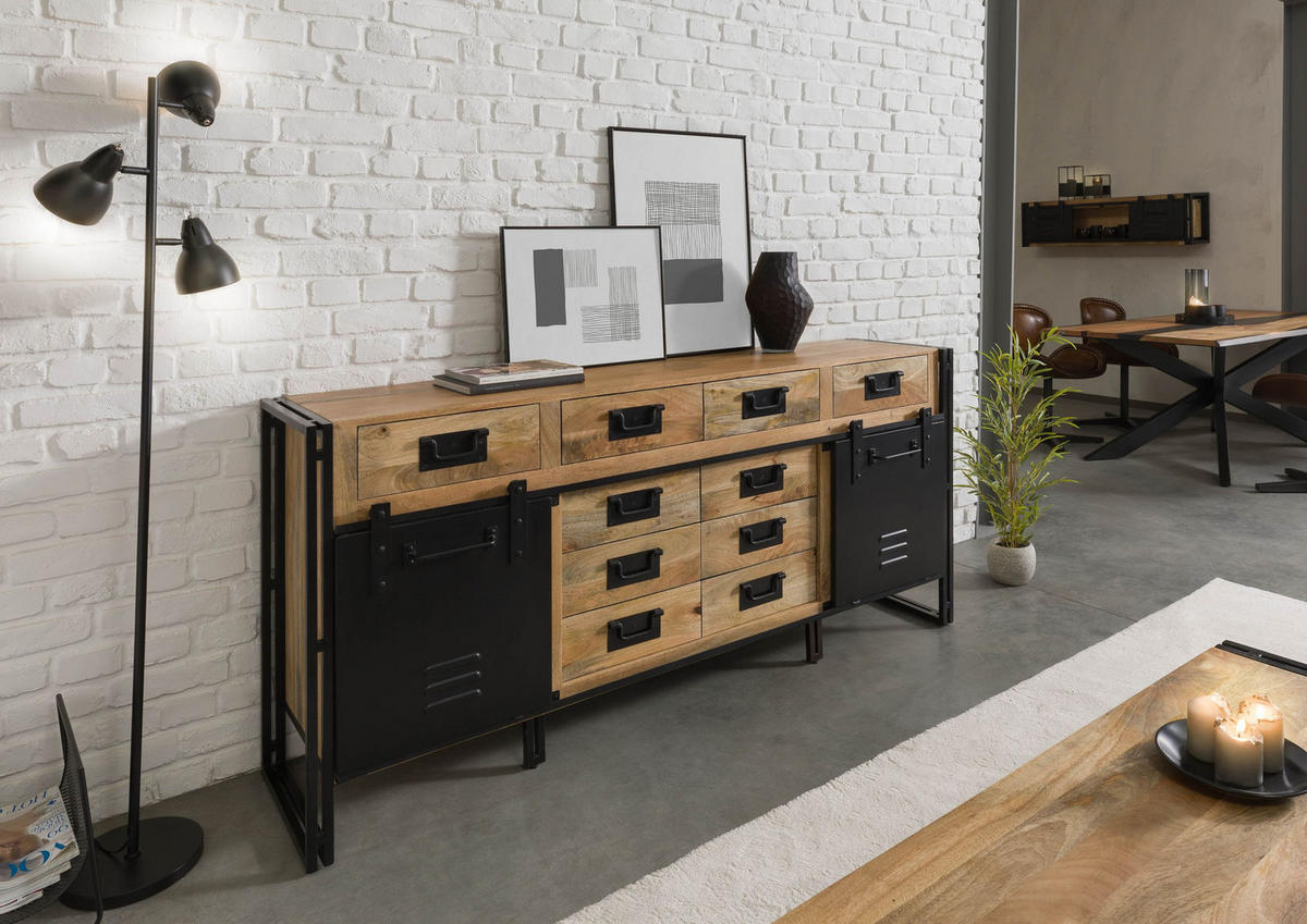 SIDEBOARD Mango 195x45x90 natur klar lackiert / Metall schwarz BLACKBURN #109 - Braun, Holz (195/90/45cm) - Massivmoebel24