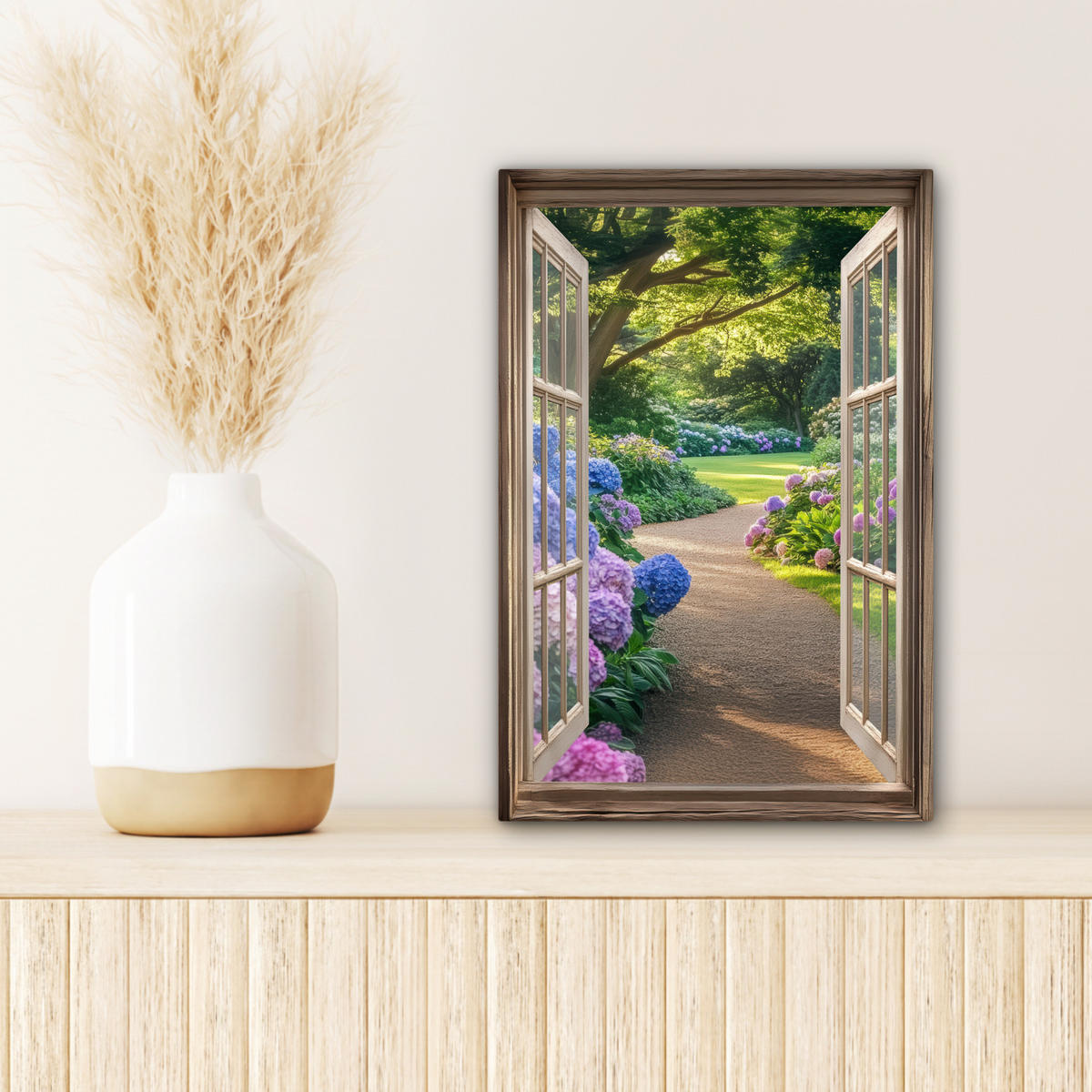 LEINWANDBILD Aussicht - Garten - Fenster - Hortensie - Blumen Deko Wohnzimmer 20x30 cm - Pastellblau, Textil (20/30cm) - MuchoWow