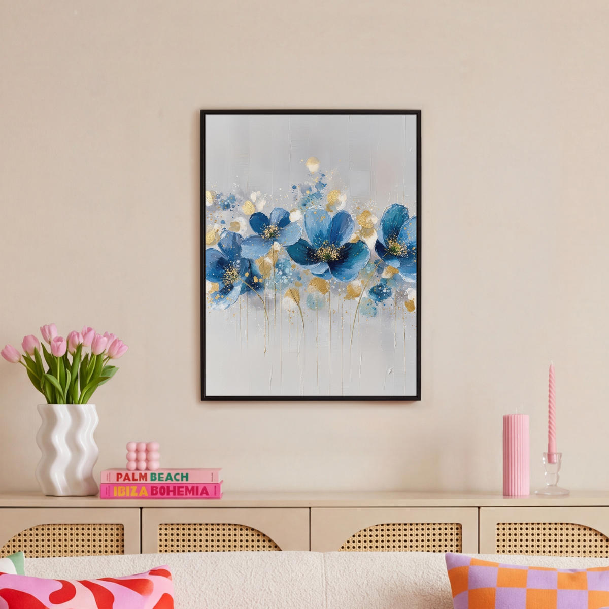 LEINWAND Bilder mit Rahmen - Blumen - Blau - Abstrakt - 60x80 - Hellgrau, Textil (60/80cm) - MuchoWow