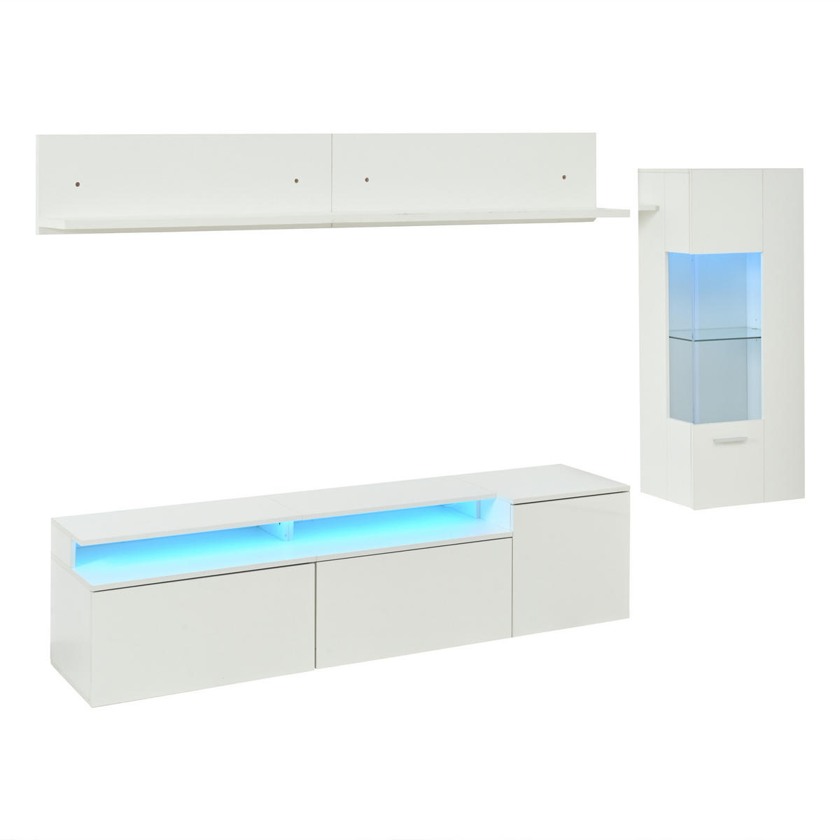 WOHNWAND Modulares Wohnwand Set mit TV-Schrank, Vitrine, Wandregal & LED Beleuchtung Weiß 1 Set MDF/Glas - Weiß, Glas/Holzwerkstoff (180/45/40cm) - EVRYAE
