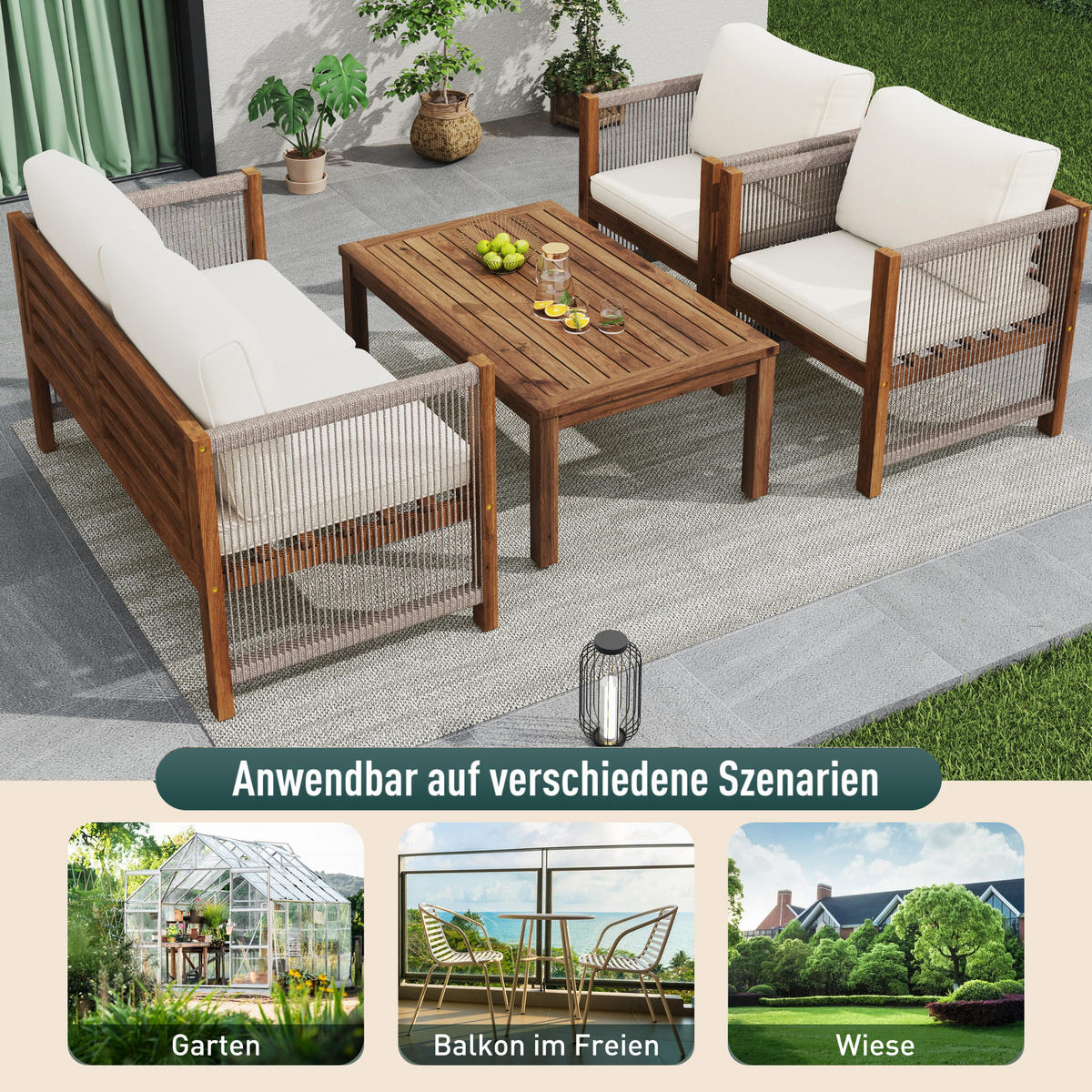 GARTENLOUNGE-SET BEIGE mit Doppelsofa 2 Sesseln Akazie Rattanoptik inkl. Kissen - Weiß, Textil - BLACKCUP