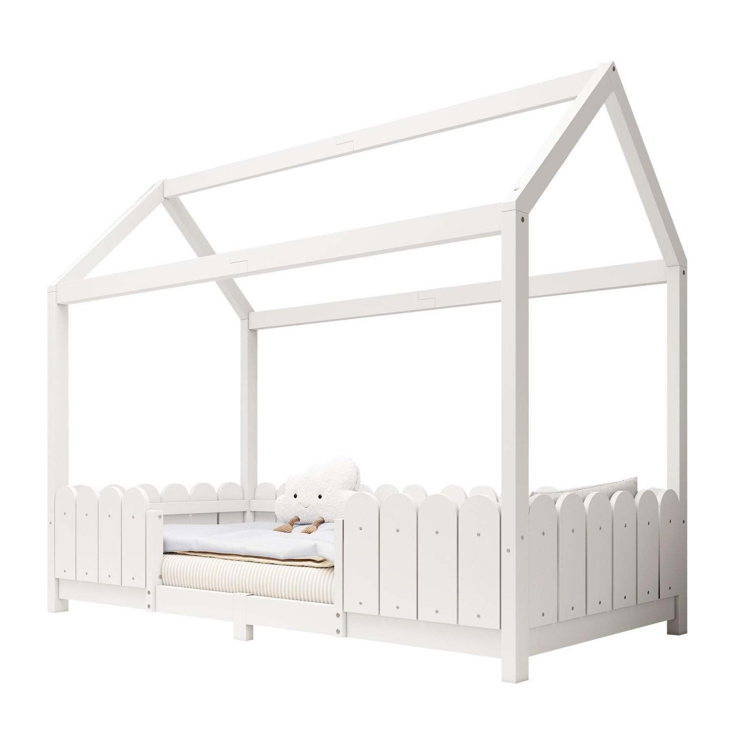 HAUSBETT 90/200 cm in Weiß – mit Dach und Rausfallschutz - Weiß, Holz (90/200cm) - BEAOK