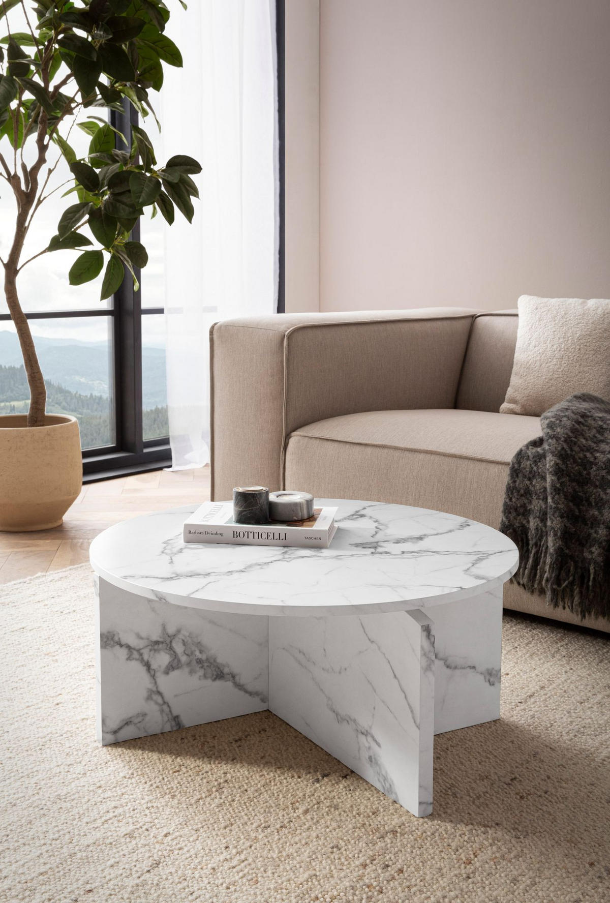COUCHTISCH rund in Stein-Optik – modernes Design in Großformat, Weiß 70x70x33 cm - Weiß, Holzwerkstoff (70/70/33cm) - KADIMA DESIGN