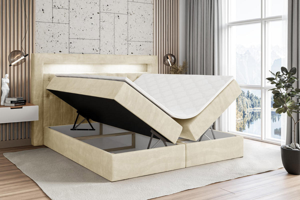 BOXBETT LED mit H4-Matratze und Lattenrost - NOEL GOLD - 120x200 Beige - Beige, Holzwerkstoff (120/200cm) - ALTDECOR