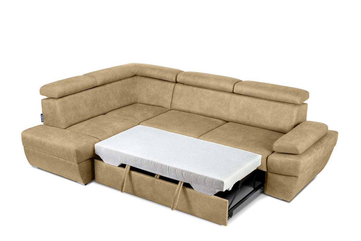 SCHLAFECKSOFA RATLO links 4/5-Sitzer mit Bettkasten in Lederoptik, ecrue - Ecru/Silberfarben, Textil (270/190cm) - KONSIMO®
