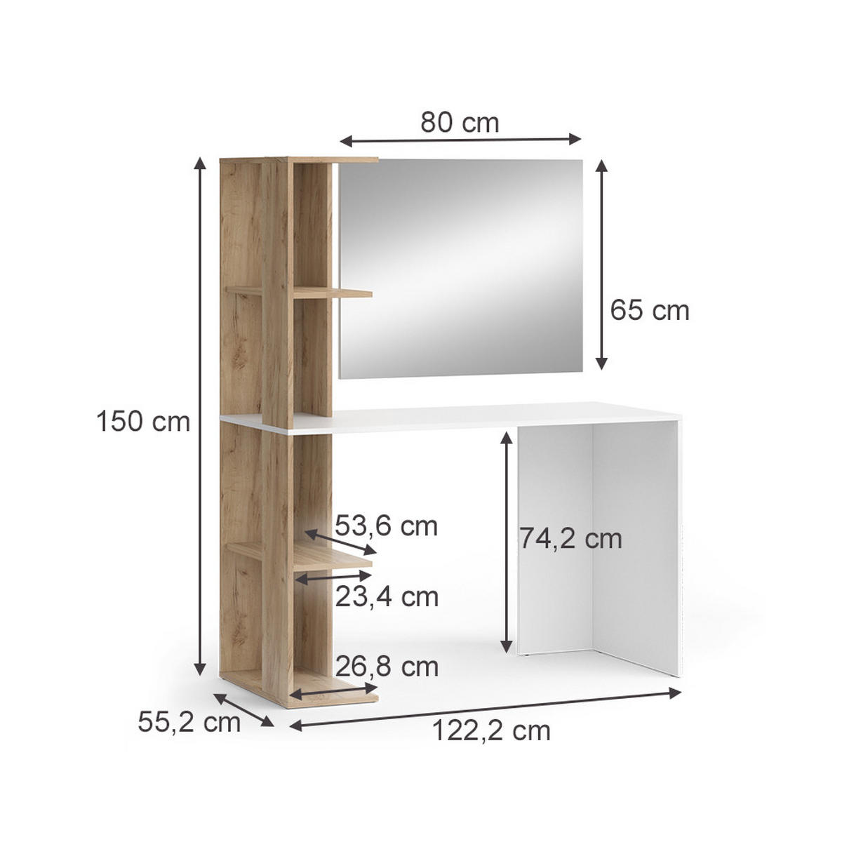 SCHMINKTISCH Tower Weiß/Sonoma 122.2 cm mit Spiegel - Weiß/Sonoma Eiche, Holzwerkstoff (122.2/75.8/55.2cm) - Vicco