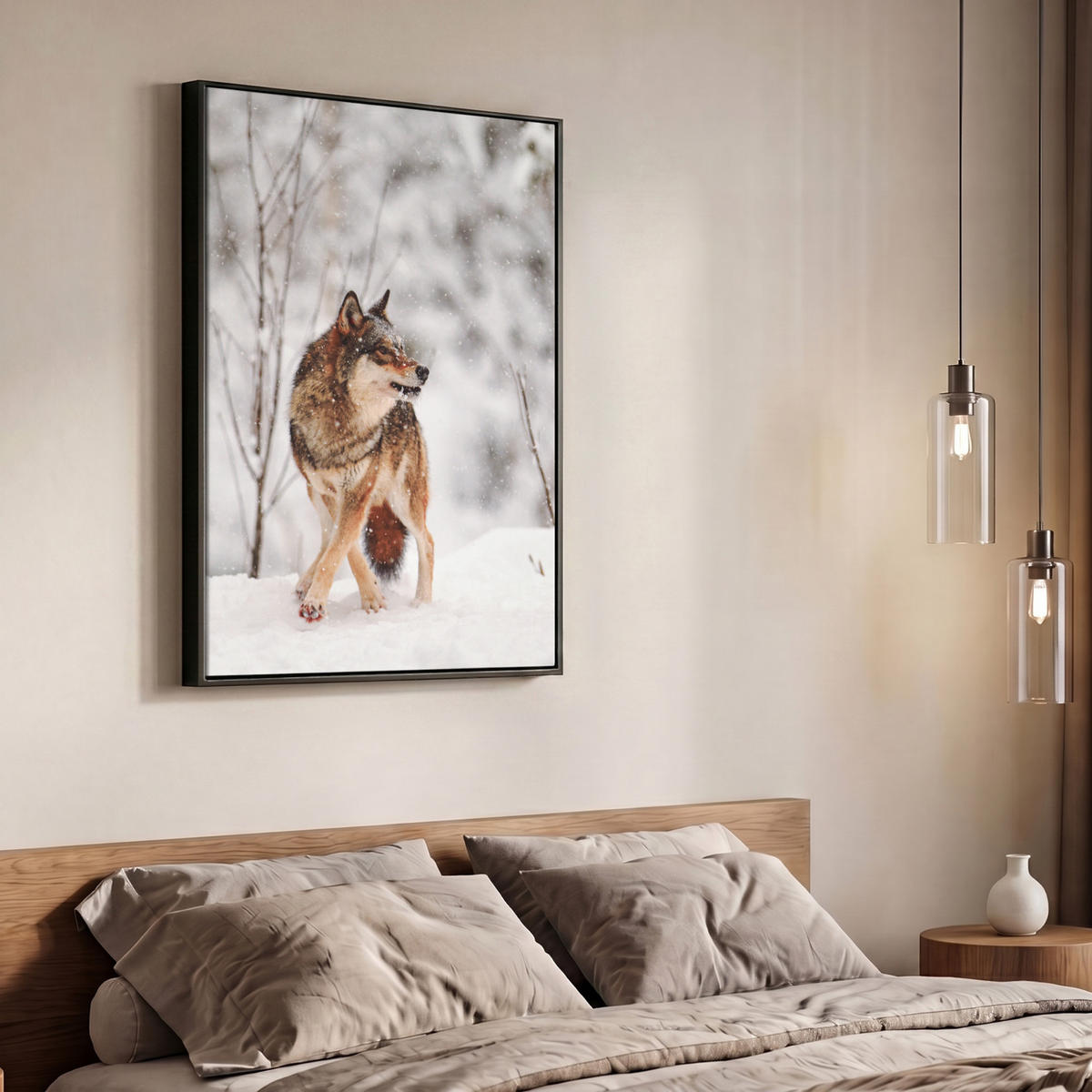 LEINWAND Bilder mit Rahmen - Wolf - Winter - Schnee - Natur - Tiere - 70x100 - Haselnussfarben, Textil (70/100cm) - MuchoWow