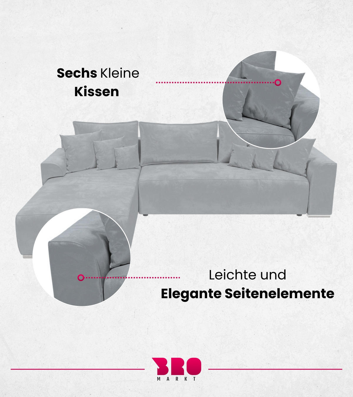 ECKSOFA Sydney mit Schlaffunktion Grau Plüsch - Hellgrau, Textil (280/184cm) - Bromarkt