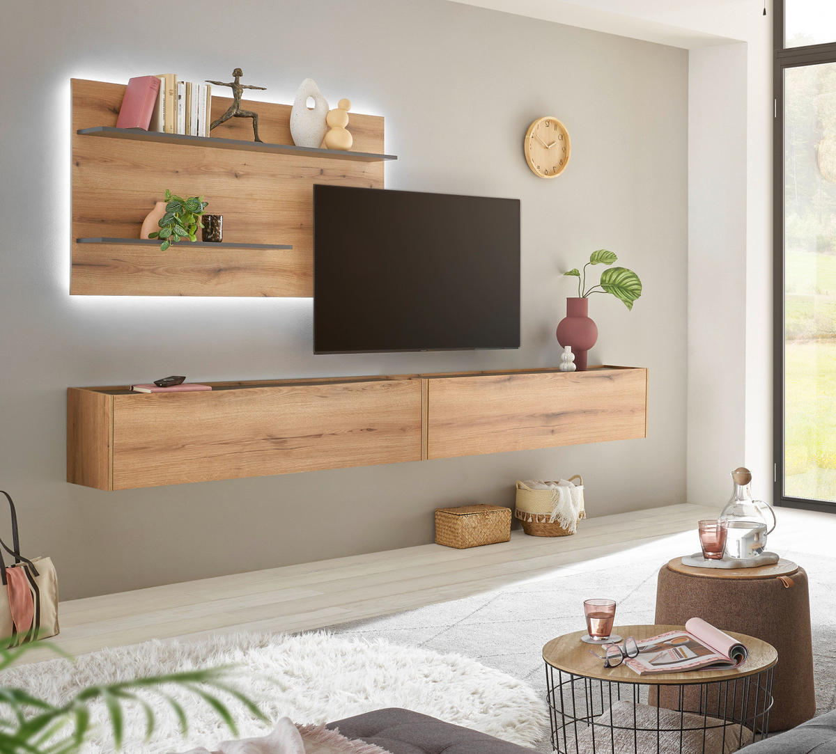 WOHNWAND Evoke Eiche, grau, Wohnkombination Set 3-teilig, 300 cm - Eichefarben/Grau, Holz/Holzwerkstoff (300/180/30cm) - Furn.Design