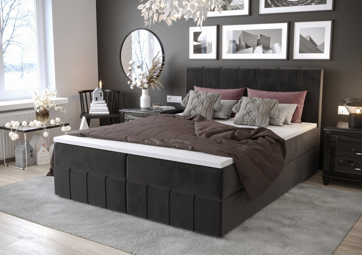 BOXBETT BAHAMA 200x200, mit Matratze H3 und Topper, Monolith 97 - Dunkelgrau, Holz/Kunststoff (200/200cm) - Bedante