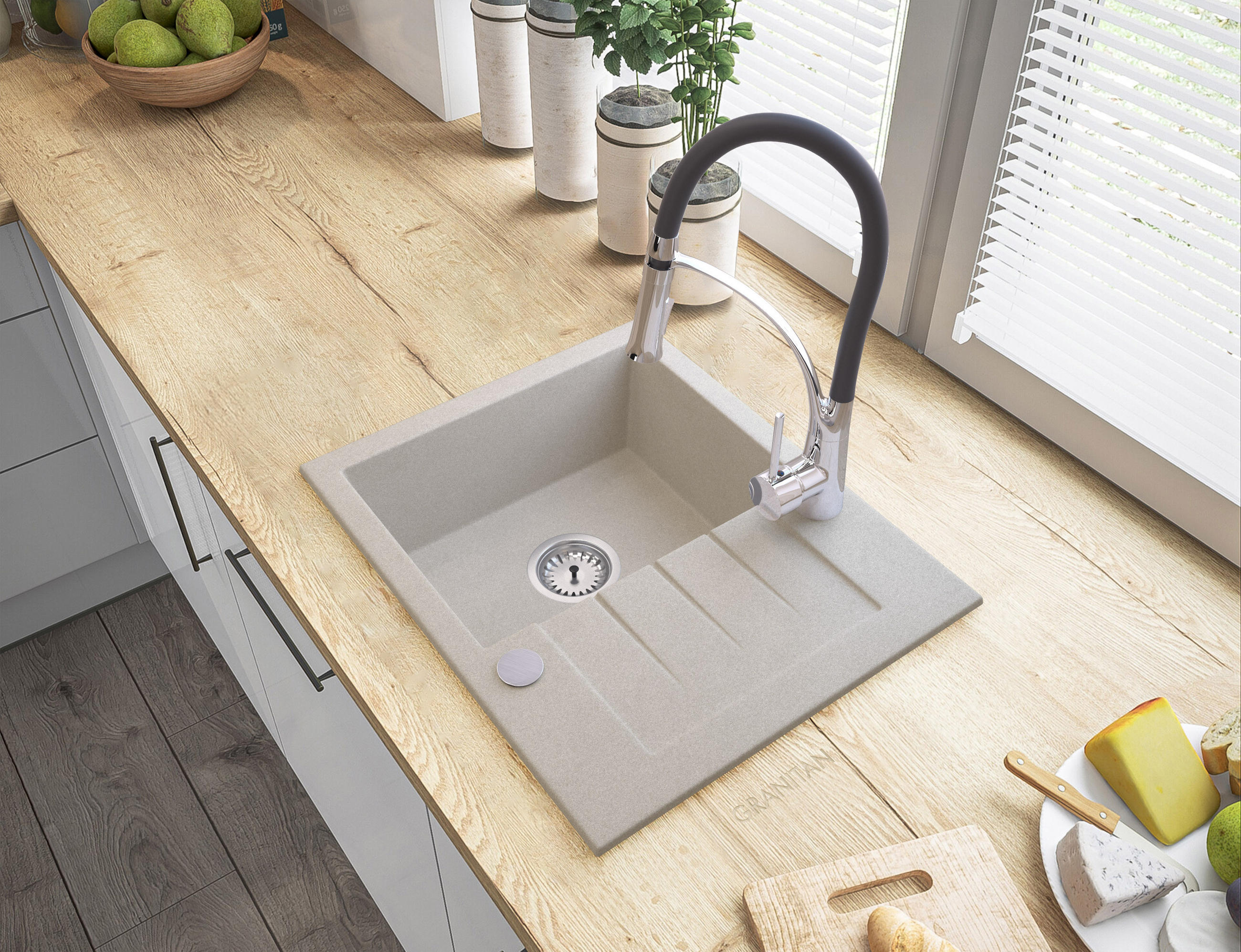 GRANITSPÜLE Tinos mit Siphon - Beige, Kunststoff/Stein (47/16/57cm) - Granitan