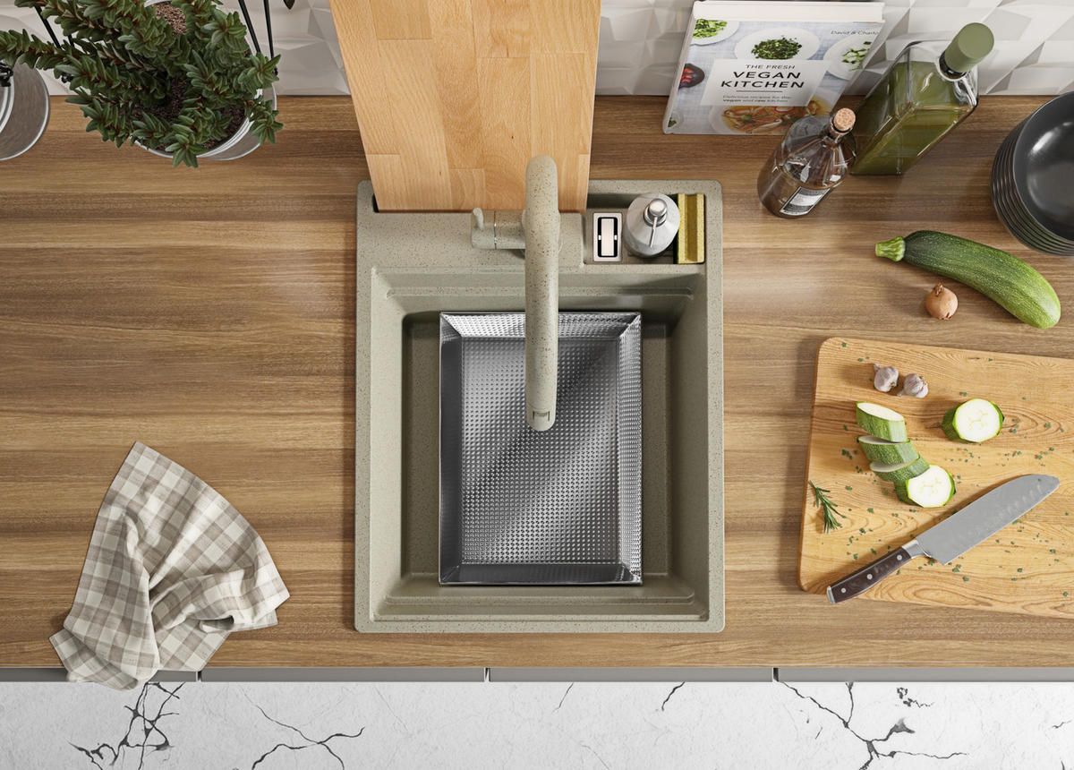 GRANITSPÜLE Oslo Pocket, 2-er set Beige 43/53 cm 1 Becken + Küchenarmatur 32/20 cm + Ablauf-Set + Küchenzubehörset ab 45er Unterschrank - Chromfarben/Beige, Kunststoff (43/20/53cm) - Primagran