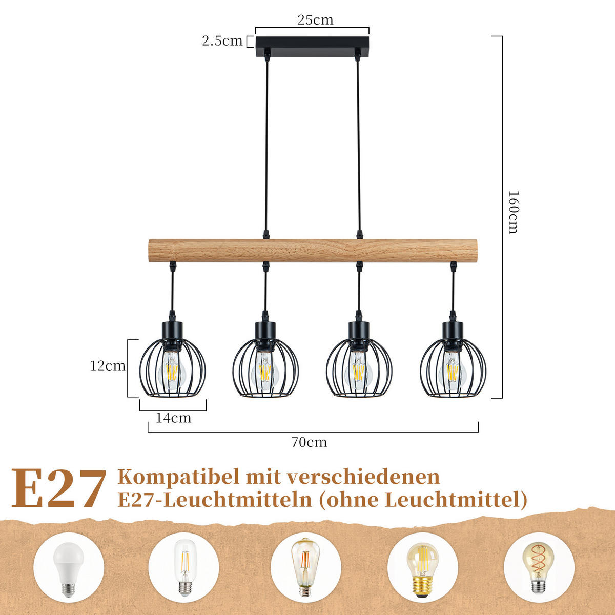 PENDELLEUCHTE Laxenli 70/14/160 cm - Schwarz, Holz/Metall (70/14/160cm) - ZMH