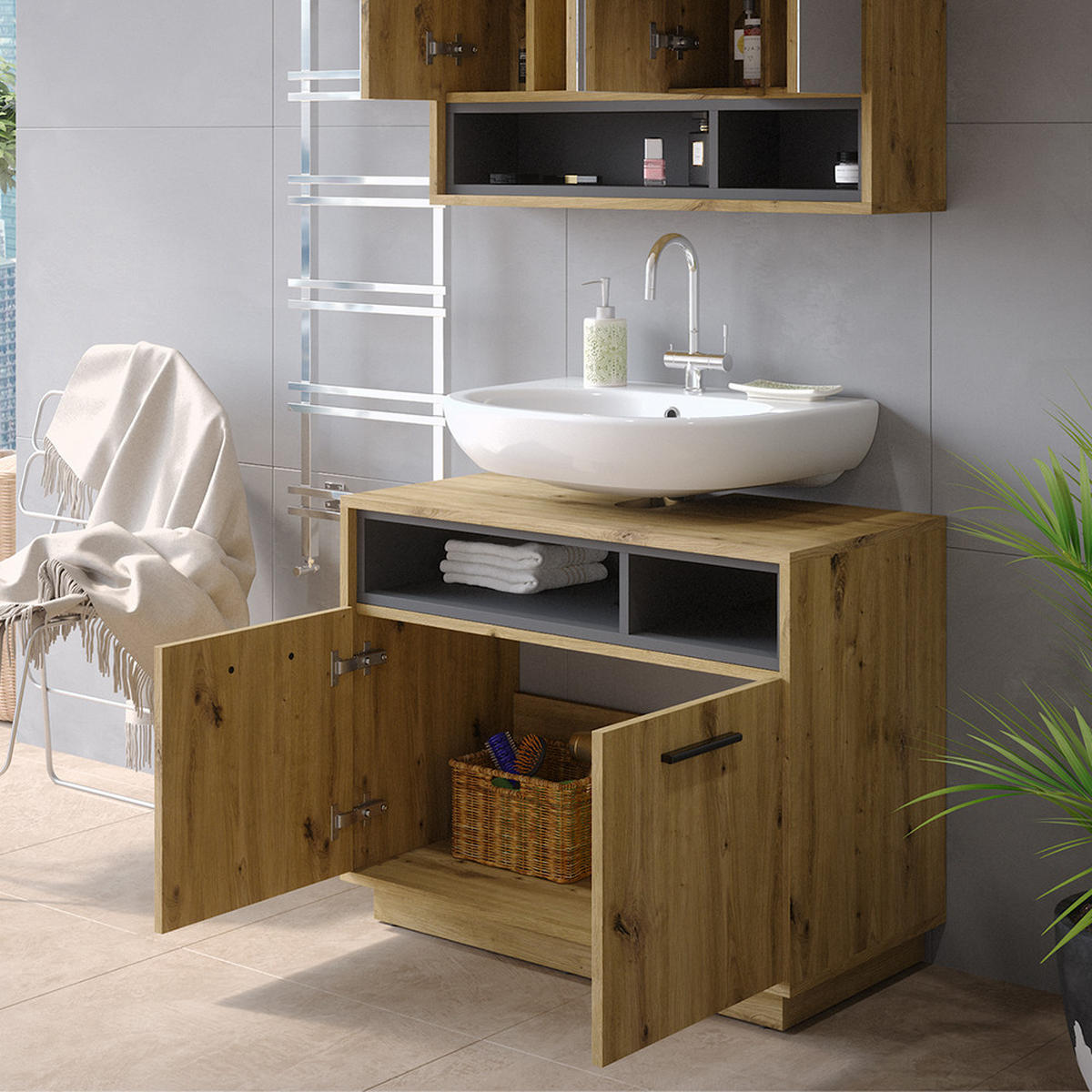 WASCHBECKENUNTERSCHRANK Beatrice Artisan Eiche/Anthrazit 80 x 64 cm - Eiche Artisan, Holzwerkstoff (80/64/40cm) - Vicco