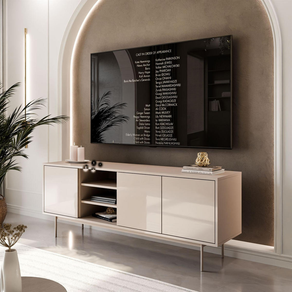 TV-SCHRANK SANAYI Kaschmir Hochglanz mit Gestell - Kaschmir, Holzwerkstoff (156/62/38cm) - Lookway