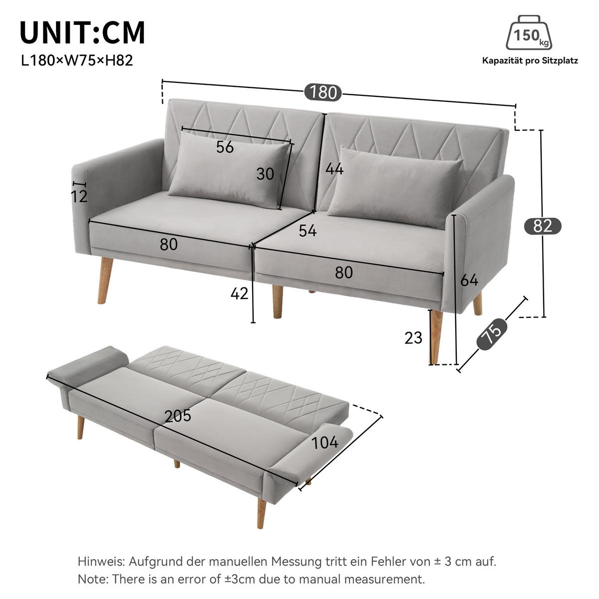 SCHLAFSOFA mit verstellbaren Rückenlehnen und Armlehnen - Grau, Holzwerkstoff/Textil (75/82/180cm) - Urban Meuble