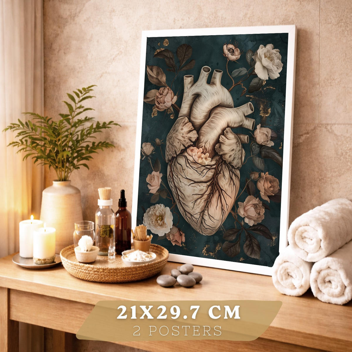 POSTER Set aus 2 Anatomie Mensch Drucke und Wandbilder mit Herz und Gehirn Elegante Florale Illustration Grüner Hintergrund Größe Weißer Rahmen A4 - Weiß, Papier (21/29.7/3cm) - Nacnic