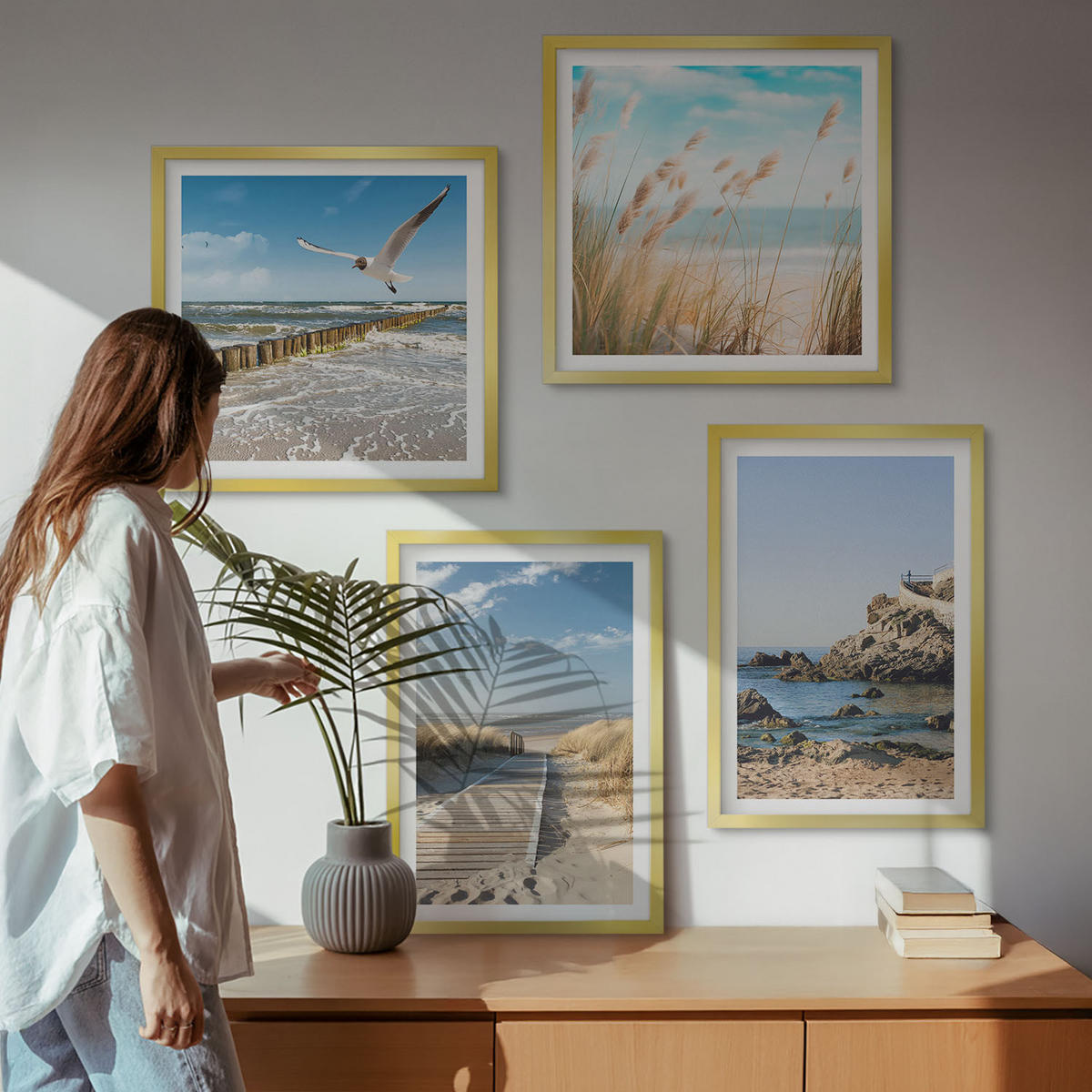 WANDBILDER 4er Set - 50x50 cm & 40x60 cm Goldrahmen - Strand Holzsteg Klippen - Goldfarben, Kunststoff (50/50cm) - ArtPrintCave