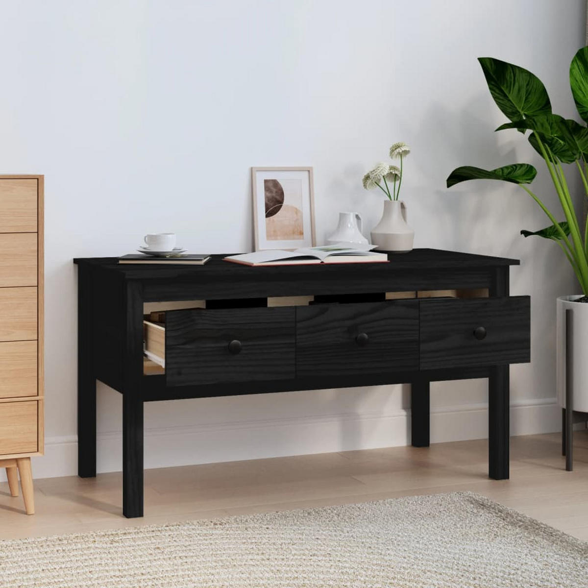 COUCHTISCH Schwarz 102x49x55 cm Massivholz Kiefer - Schwarz, Holz (49/102/55cm) - furnicato