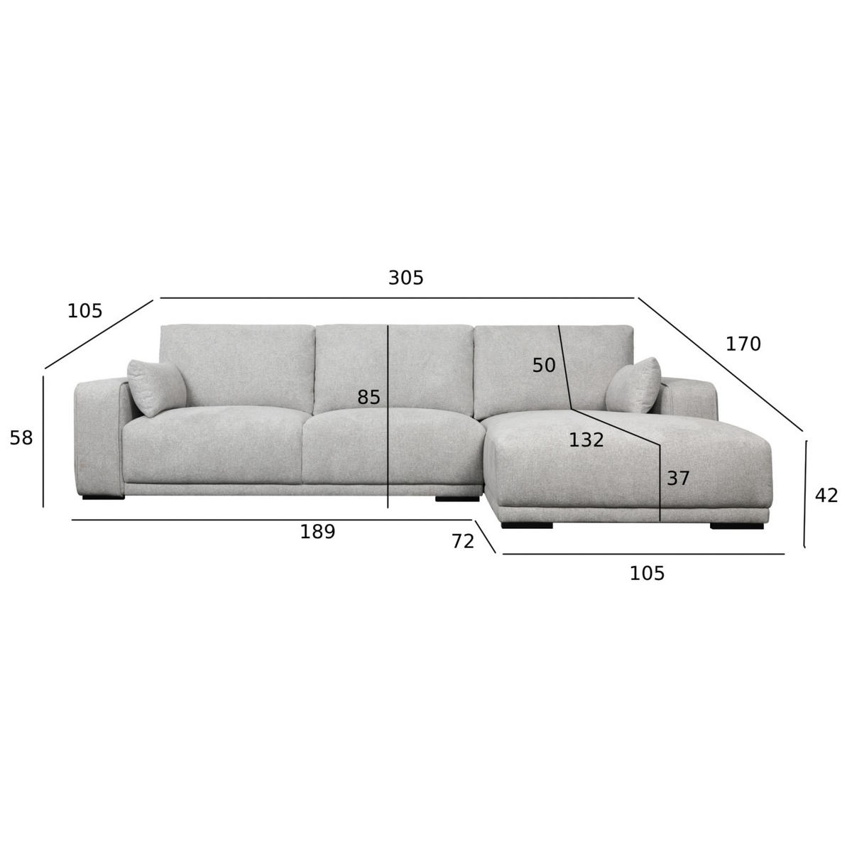 ECKSOFA Webstoff Grau - Schwarz/Grau, Holz/Textil (305/105cm) - Furnhouse
