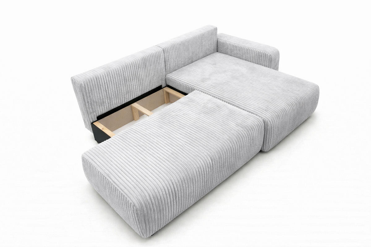 ECKSOFA Mit Schlaffunktion Und Bettkasten, Cordstoff Tilia, Grau, Rechts, OPEN XL - Grau, Holz (262/145cm) - Kaiser Möbel