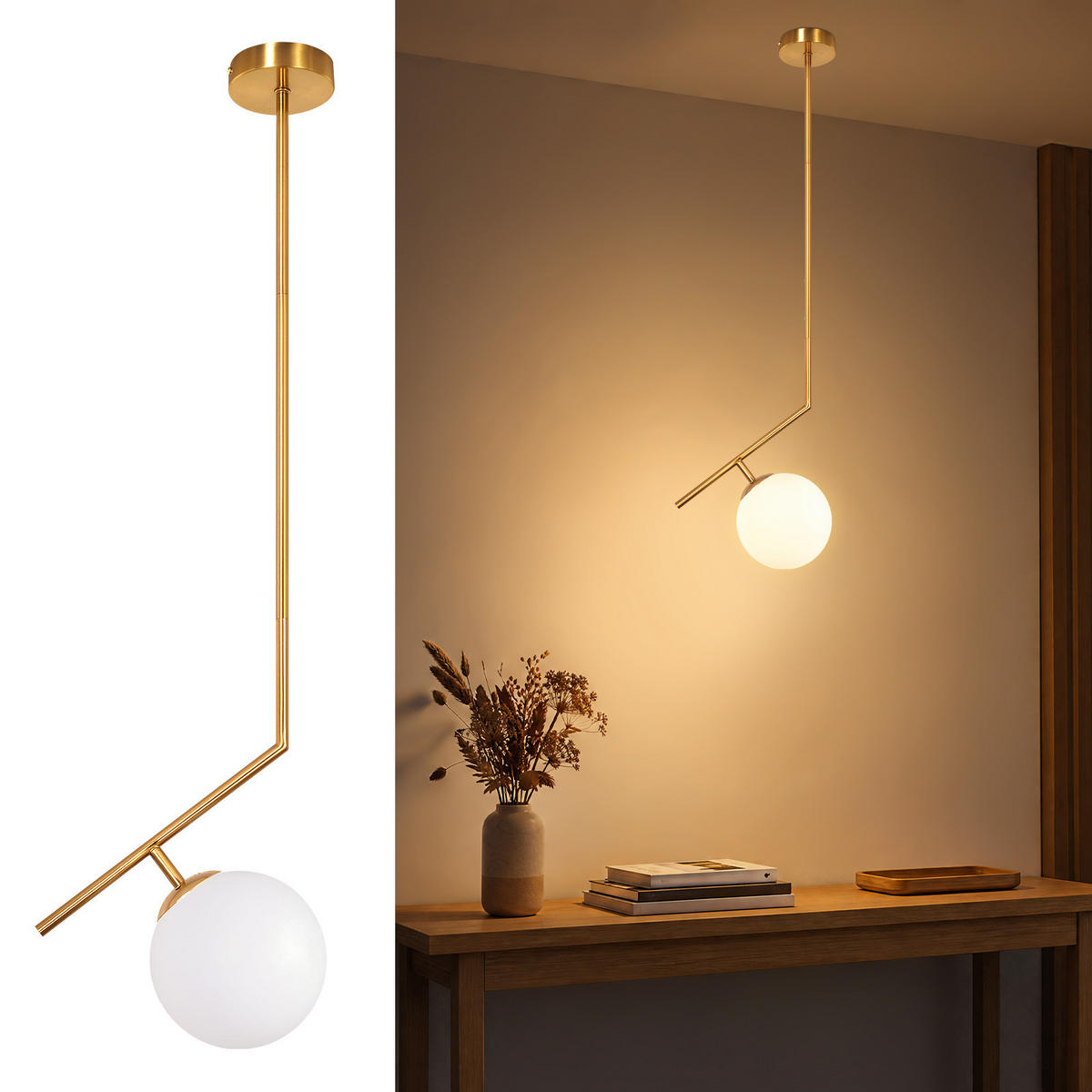 PENDELLEUCHTE Jyvith 25/15/90 cm - Goldfarben/Weiß, Glas/Metall (25/15/90cm) - ZMH