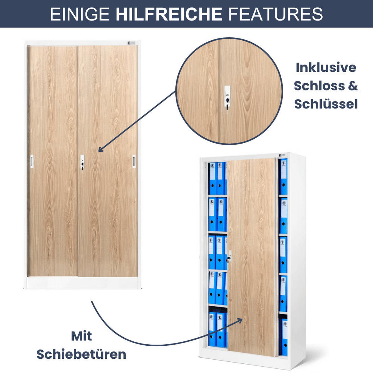 AKTENSCHRANK abschließbar ROLF mit Schiebetüren 185x90x40cm Weiß-Sonoma Eiche - Weiß, Metall (90/185/40cm) - DELUKE