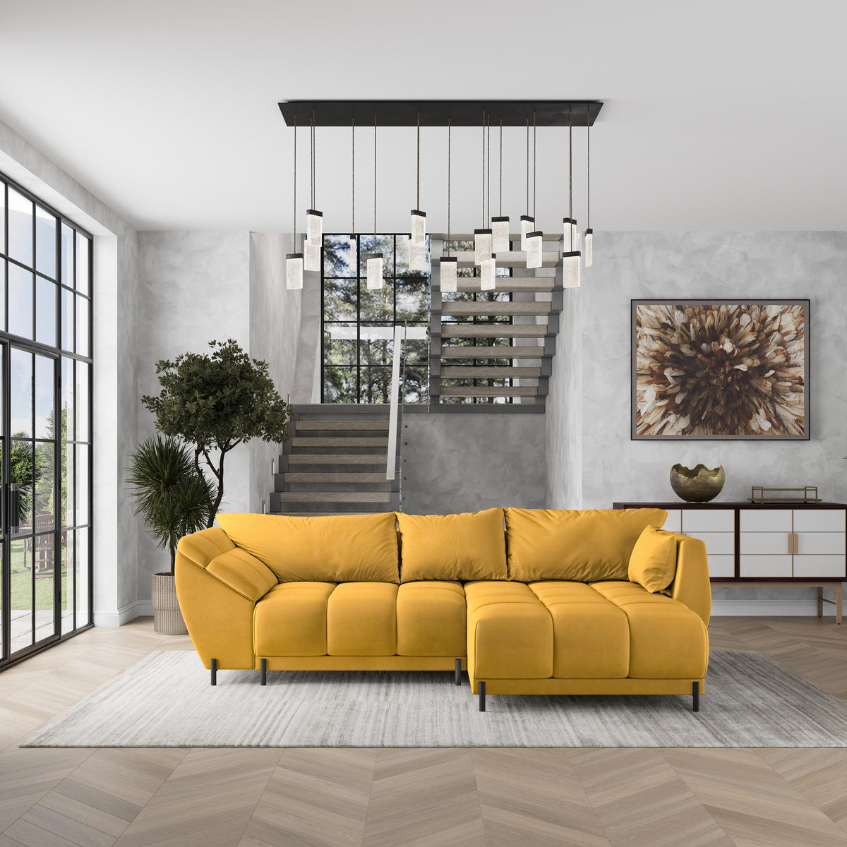 ECKSOFA VESTANO R-S Gelb Velours-Stoff mit Schlaffunktion - Gelb, Holz (287/182cm) - MASSENO