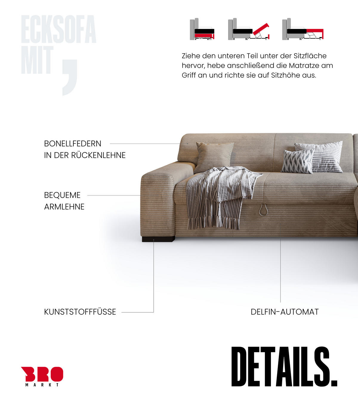 ECKSOFA mit Schlaffunktion Cordstoff MILENZO Beige Links - Beige, Holz (260/175cm) - Bromarkt