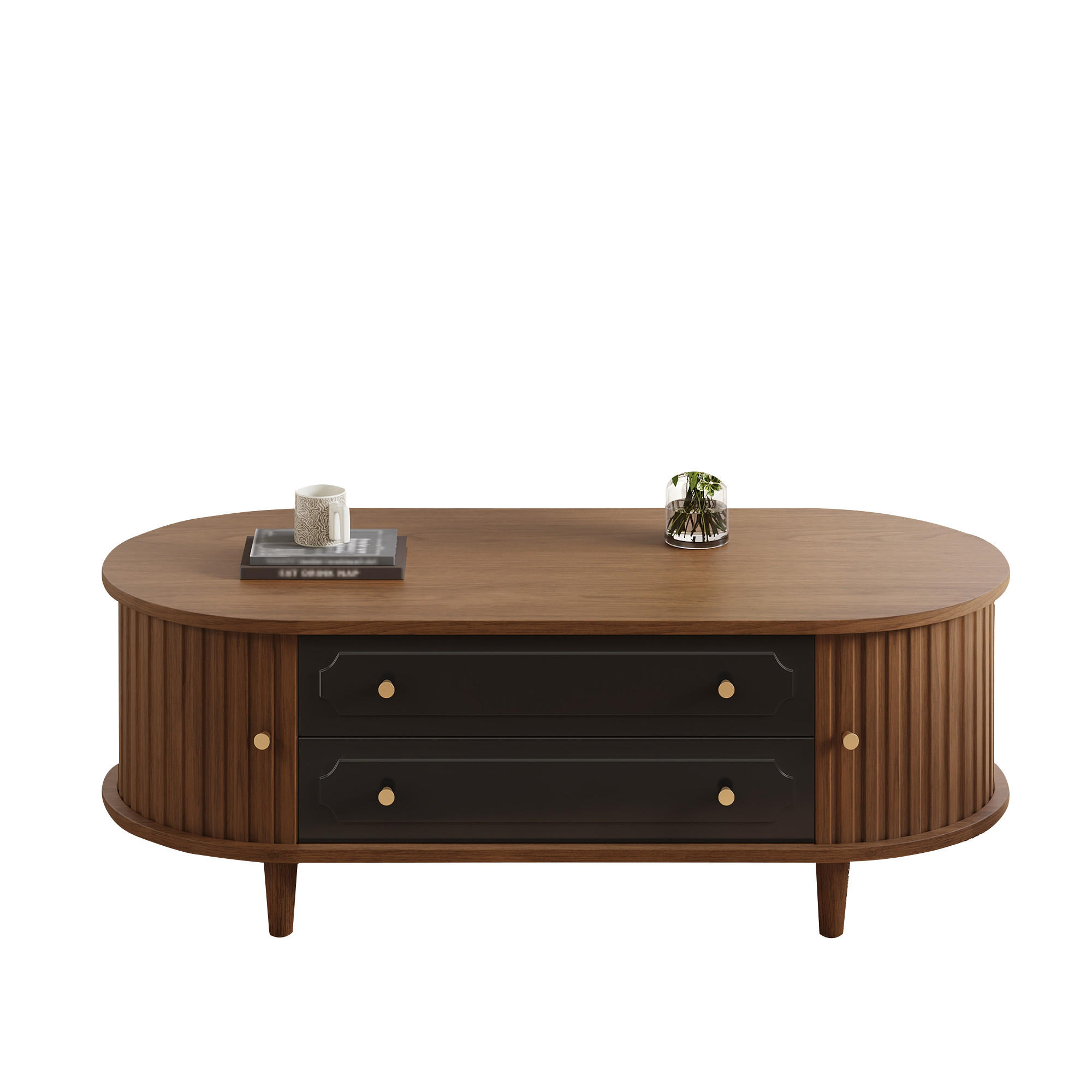 COUCHTISCH mit Schubladen und Rolltüren 100 x 50 x 36 cm - Walnussfarben, Holzwerkstoff (100/50/36cm) - ComfortXL