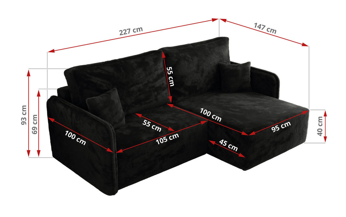 ECKSCHLAFSOFA MESTO L Schwarz Plüsch - links - Schwarz, Kunststoff/Textil (227/147cm) - MKS