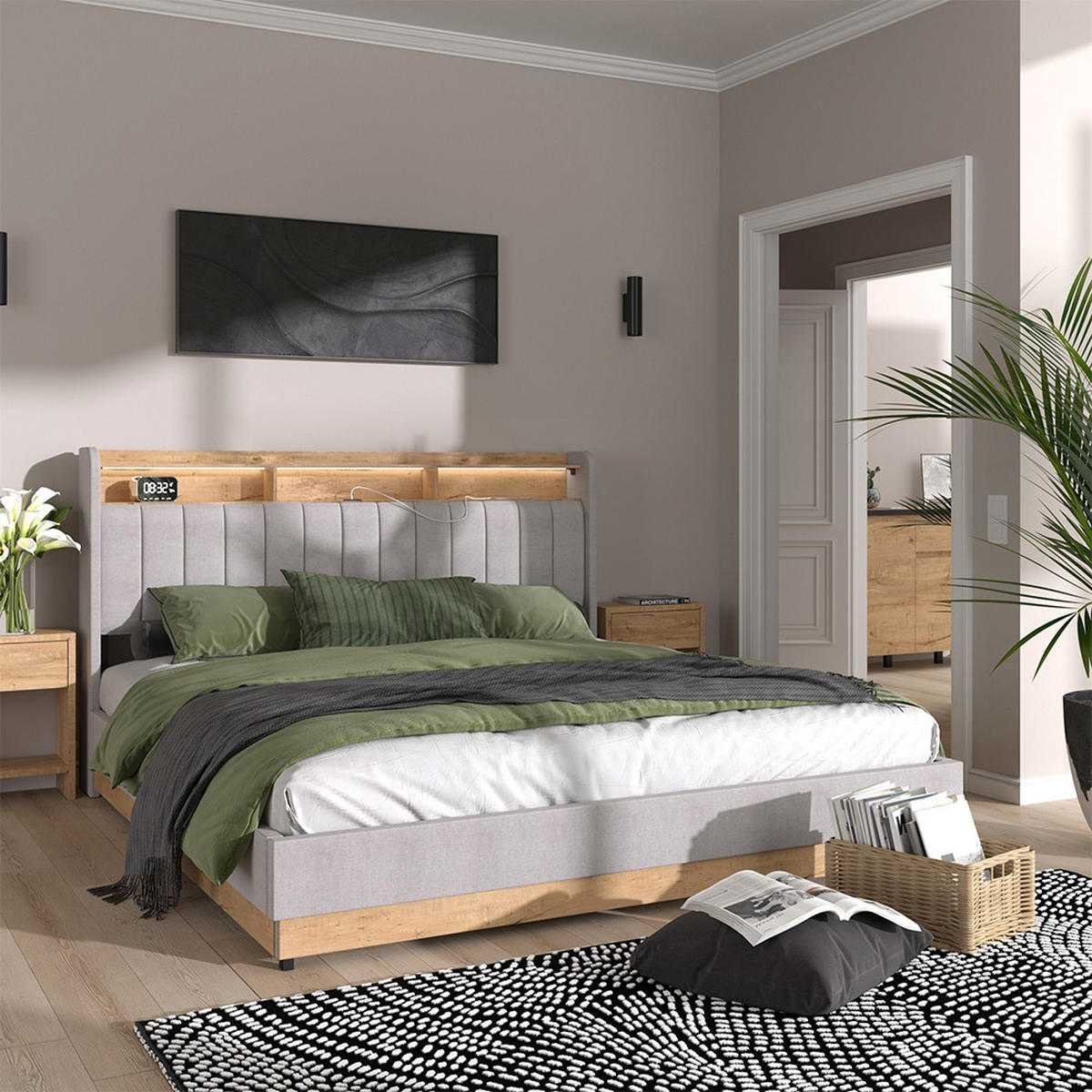 ČALOUNĚNÁ POSTEL Nura Šedá - šedá/barva dubu, kompozitní dřevo - VitaliSpa