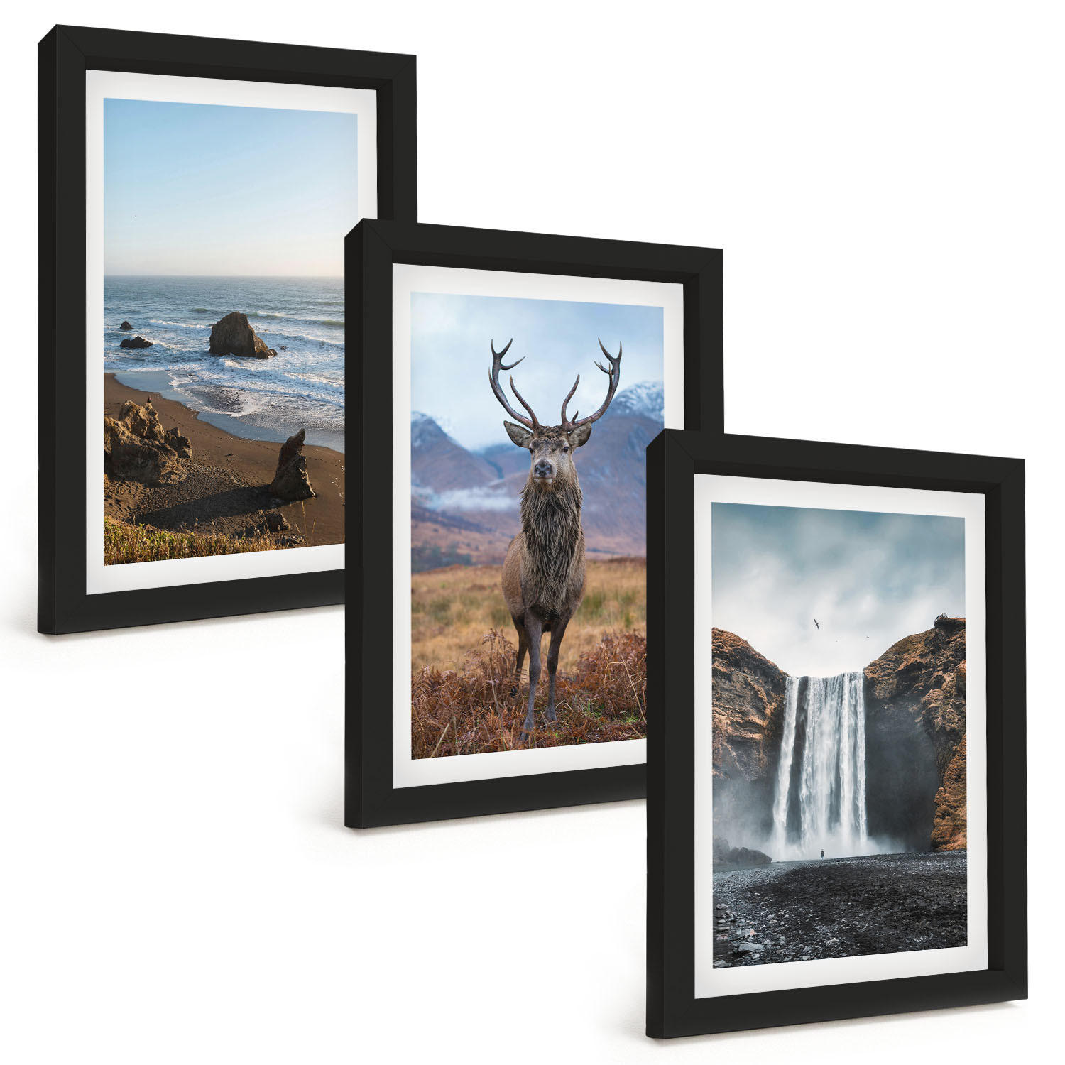 BILDER SET 3er Set - 20x30 cm Schwarzer Rahmen - Berglandschaften mit einem Wasserfall - Schwarz, Kunststoff (20/30cm) - TULUP