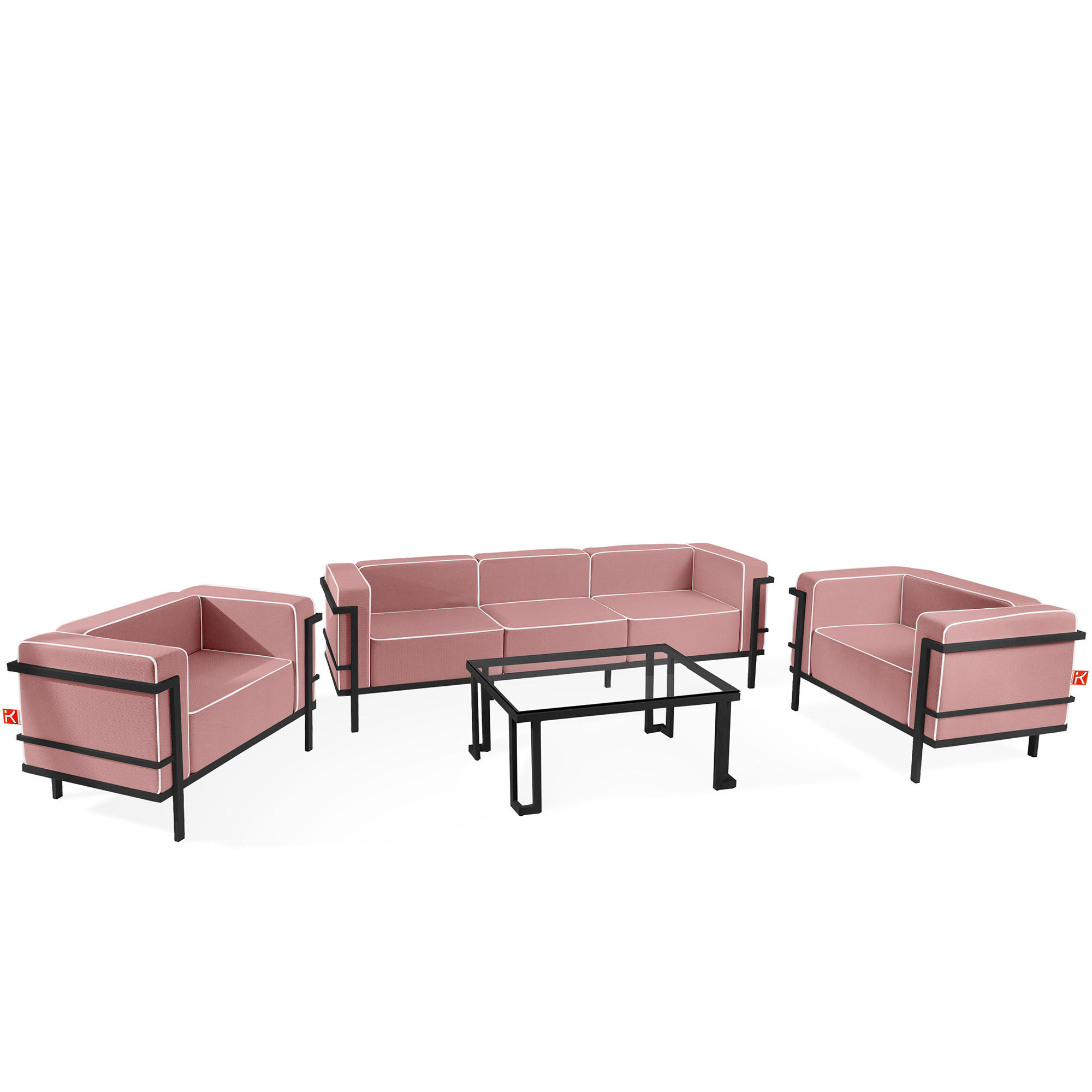GARTENLOUNGE-SET TRIGLO 1x Tisch, 2x Sessel, 1x Sofa 3-Sitzer, 4-tlg., Modern, Dunkelgrau - Dunkelgrau/Rot, Glas/Textil - KONSIMO®