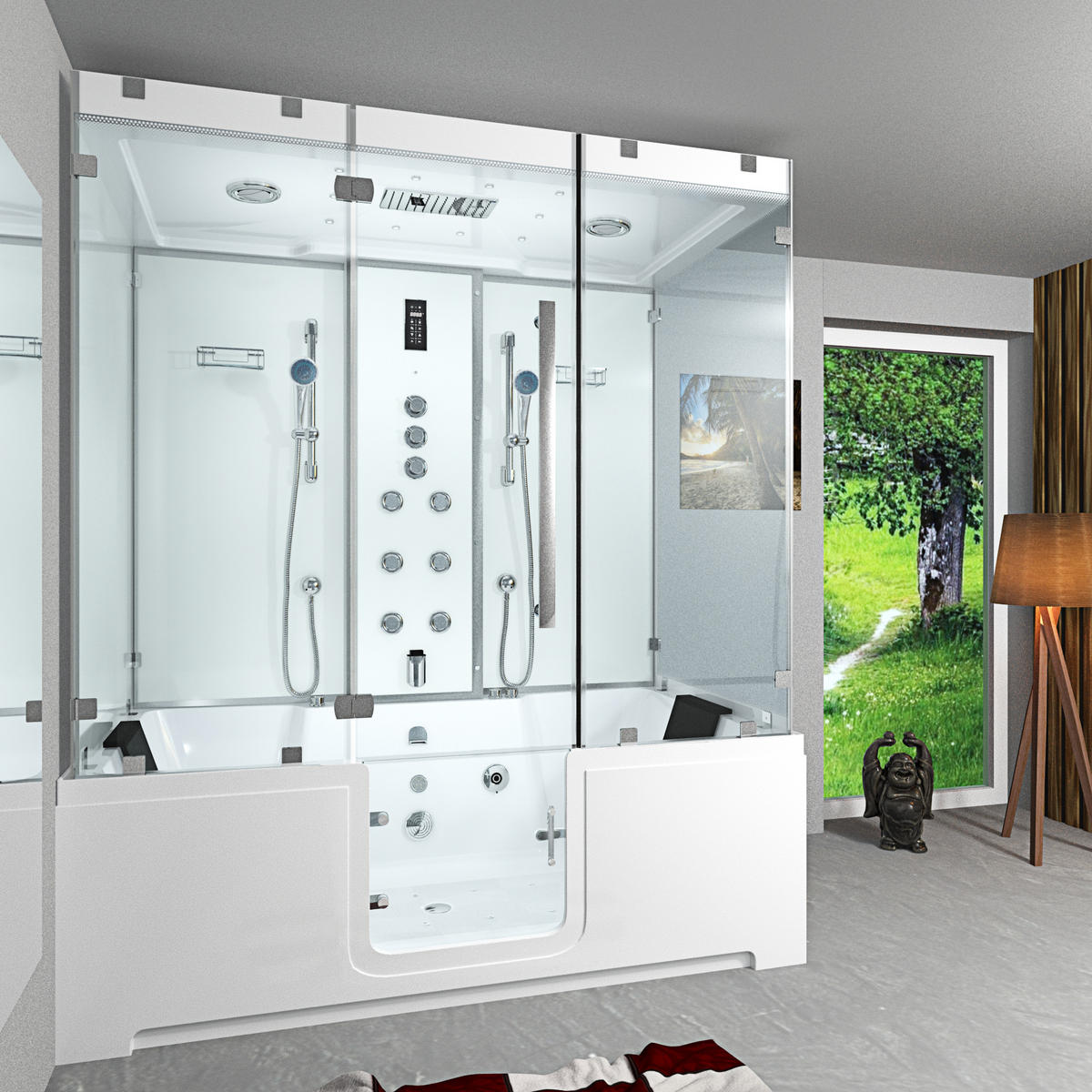 BADEWANNE mit Tür Dusche K80-WS-TH-A-EC-EA - Weiß, Glas/Kunststoff (180/228/100cm) - AcquaVapore by Sandra Jentho