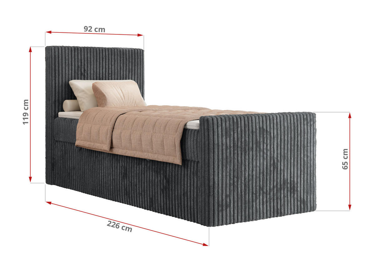 BOXBETT TILIANO DUO 90/200 - Grau Cord - H4 - Topper Visco - Links Seite - Grau, Textil (90/200cm) - MKS
