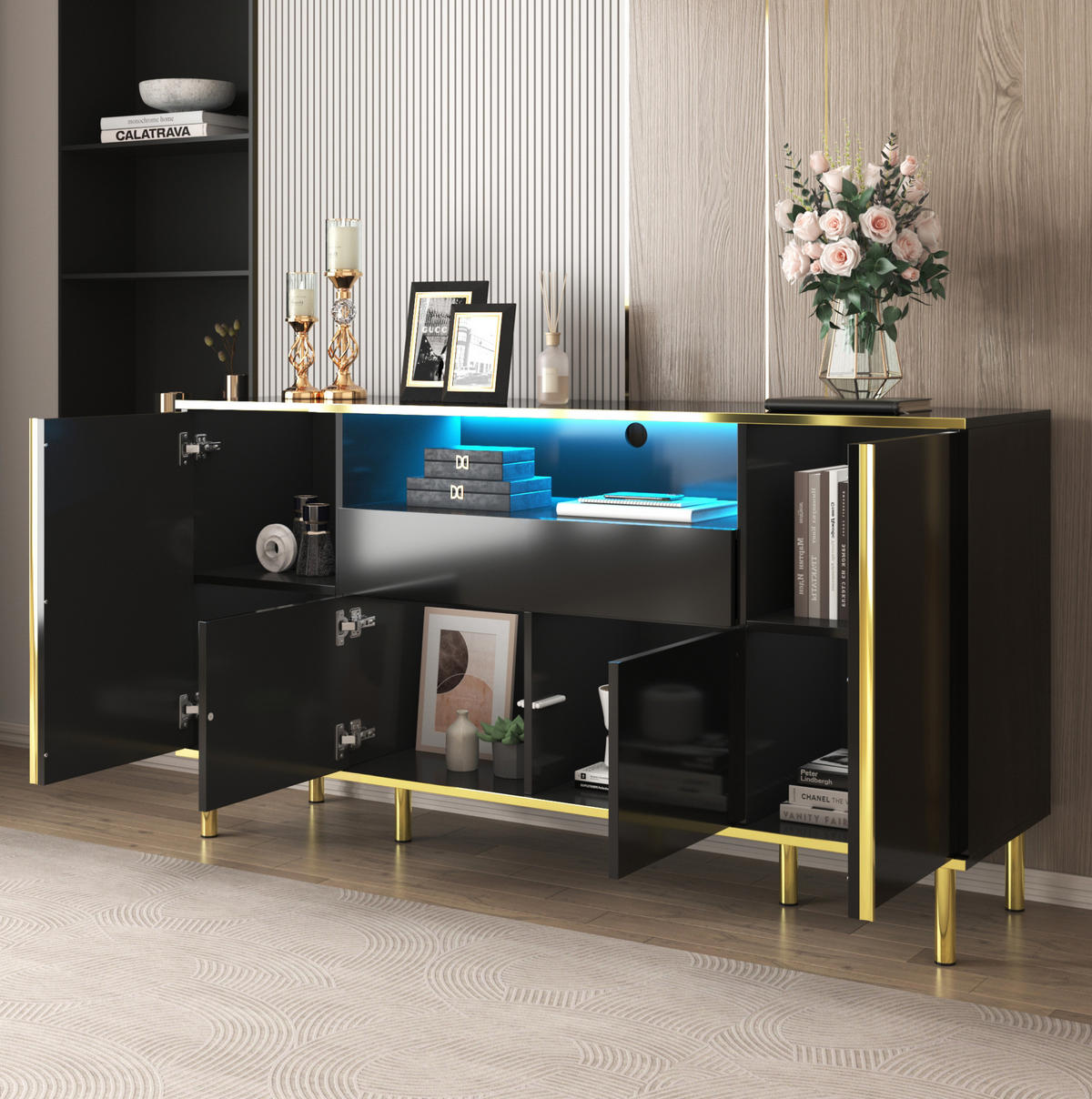 KOMMODE aus MDF & Spanplatte 150x40x80cm in Schwarz mit LED-Beleuchtung - Schwarz, Holzwerkstoff (150/80/40cm) - Modfu