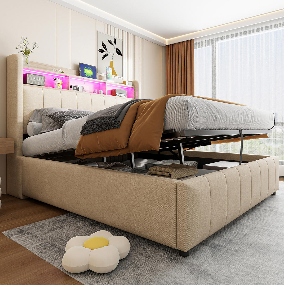 POLSTERBETT 140/200 cm Beige aus Leinenstoff mit LED und Stauraum - Beige, Textil (140/200cm) - OKMYHOME