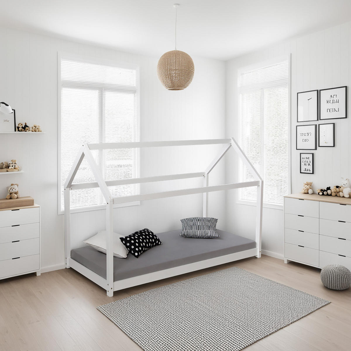 HAUSBETT mit Matratze 90/200 cm Weiß - Weiß, Holz (206/141/96cm) - Homestyle4u
