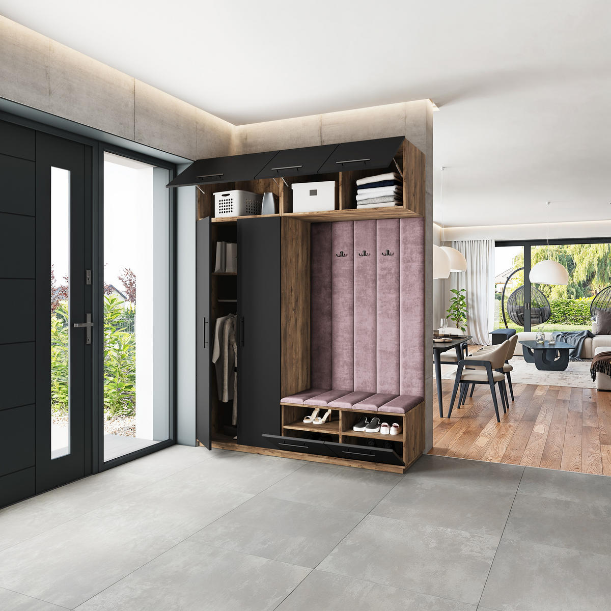 GARDEROBENSCHRANK REMA 180/240/60 cm Modern Garderobe-Set Eiche Lefkas - Eichefarben/Lila, Holzwerkstoff (180/240/60cm) - MASSENO