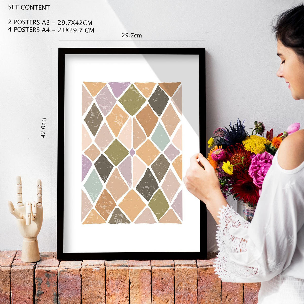 POSTER Set Mit 6 Drucken Von Mustern In Der Sammlung Von Ethnischenen Dekorative Rahmen Für Ihr Zuhause Wandkunstdruck A3 & A4 Rahmen Aus Hellem Holz - Beige, Papier (29/3cm) - Nacnic