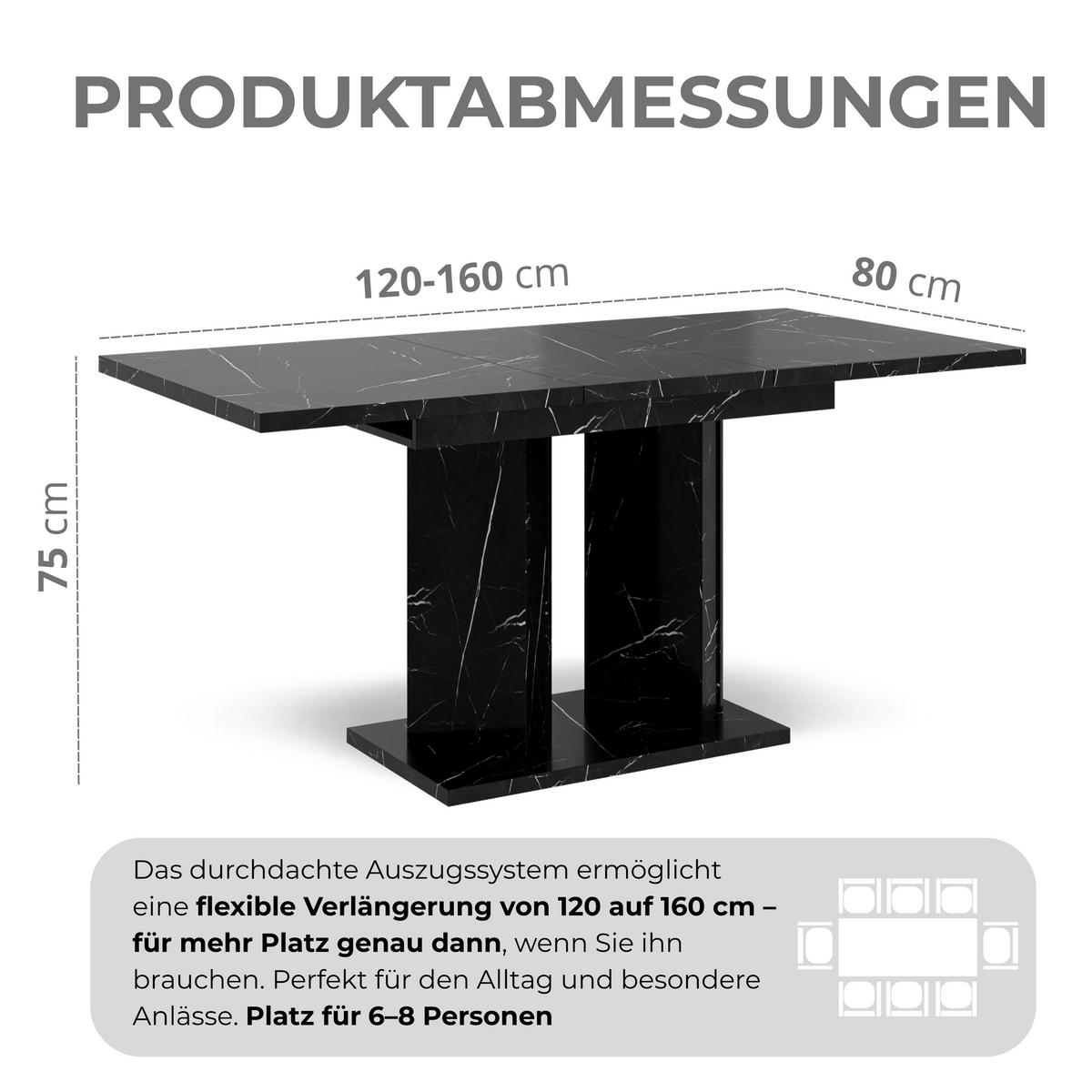 ESSTISCH ausziehbar in Schwarz Marmor-Optik - Schwarz Hochglanz, Holzwerkstoff (80/160/75cm) - Home Collective