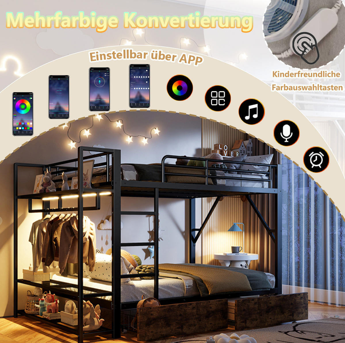 ETAGENBETT 140/200 cm mit LED-Lichtleiste, 2 Schubladen, Regalen und Kleiderstange, Metall & MDF, Schwarz - Schwarz, Metall (140/200cm) - Redom