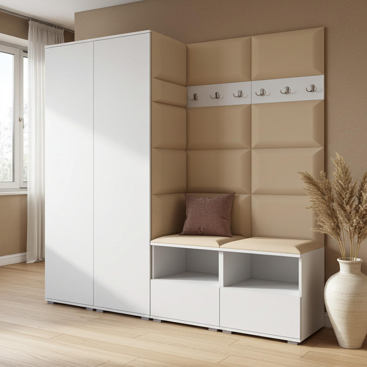 GARDEROBE NELA VI 200 cm (Kompaktgarderobe Weiß mit Sitzpolster Beige 04 Schrank & Paneel) - Beige/Silberfarben, Holz/Holzwerkstoff (200/187/40cm) - Ravio