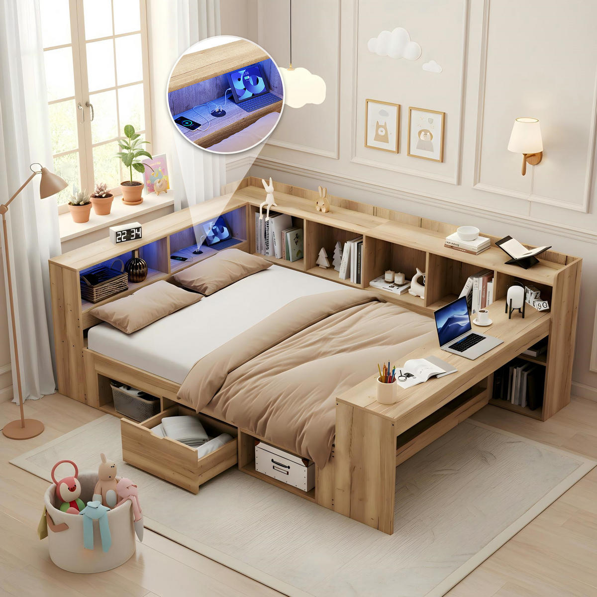 STAURRAUMBETT 140/200 cm DE-03117, mit LED, Schreibtisch und Regalen, in Natur - Naturfarben, Holzwerkstoff (140/190cm) - ComfortXL