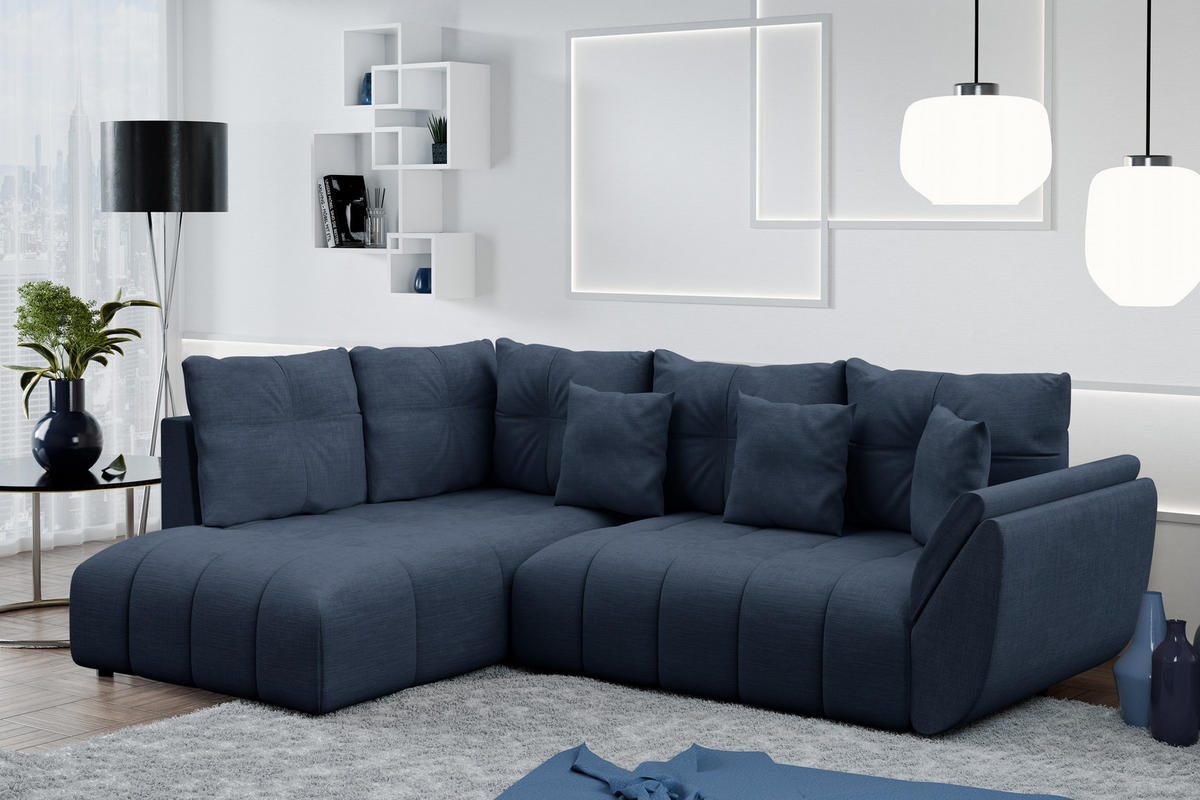 ECKSOFA L Form Corleone Blau 266/190/91 cm mit Schlaffunktion - Blau/Schwarz, Kunststoff/Textil (266/182cm) - AX Living