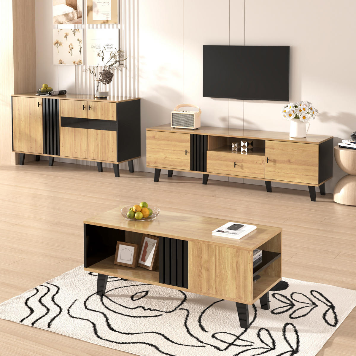 TV-ELEMENT mit Couchtisch - Kombination 3-tlg.Set mit Sideboard in Schwarz Holz - Schwarz, Holzwerkstoff (100/45/60cm) - OKWISH