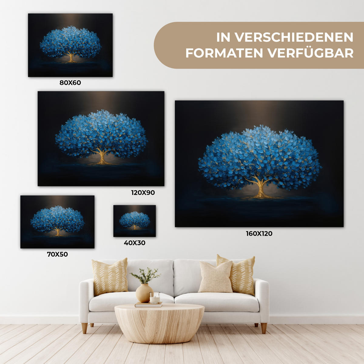 LEINWANDBILD Baum - Blau - Blätter - Pinselstriche Wandbild 40x30 cm - Blau, Textil (40/30cm) - MuchoWow