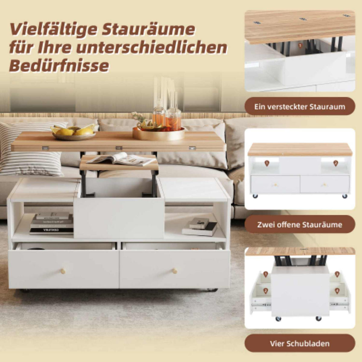 COUCHTISCH 100/50/47,5 cm mit klappbarer Oberfläche und 4 Schubladen, höhenverstellbar aus MDF in Holzfarbe - Naturfarben, Holzwerkstoff (100/50/47.5cm) - OKWISH